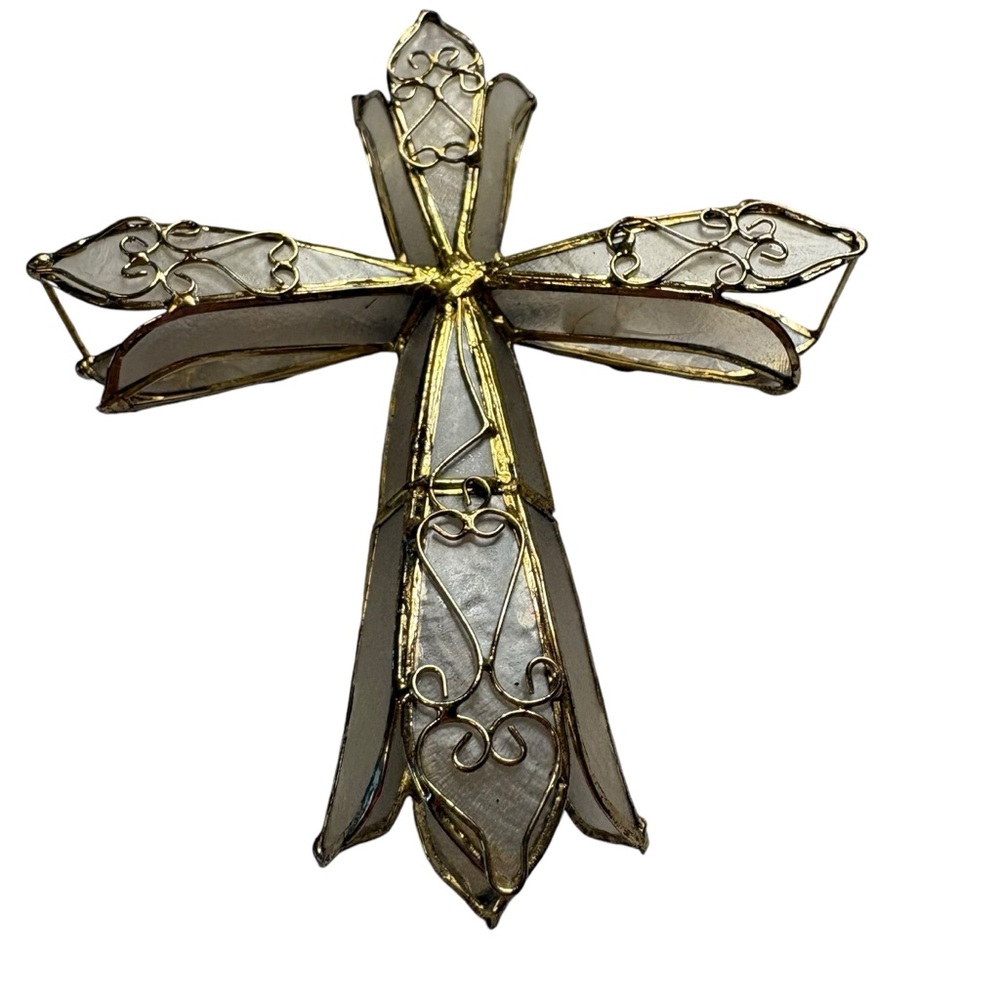 Iridescent Capiz Shell 3D Cross with Gold Filagree Christmas Decor - Picture 2 of 7